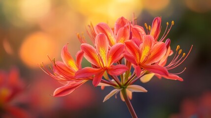 A beautiful cluster of vibrant pink flowers in full bloom, captured in soft focus with warm sunlight highlighting their delicate petals in a charming outdoor setting.