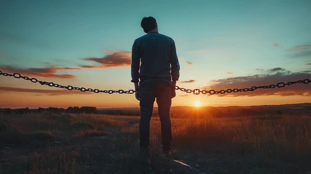 Young man in chains standing troubled and suffering at sunset in beautiful landscape, view from behind. Concept of dependency and lack of freedom