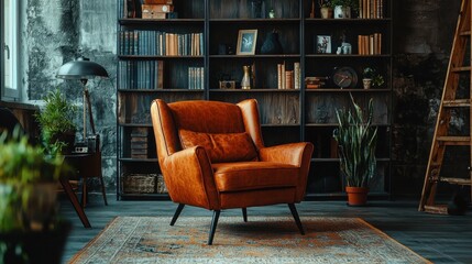 A rich brown leather armchair sits in a dimly lit library, surrounded by bookshelves and plants. The room has a warm, inviting atmosphere.