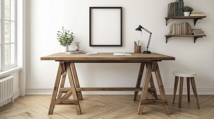 Minimalist Home Office Setup with Wooden Desk and White Walls
