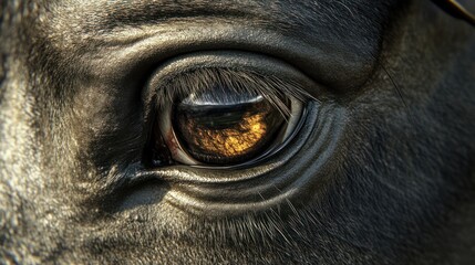 Close-up horse eye, amber iris, outdoors, sun reflection, equine photography