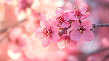 Naklejka premium A close-up photograph of delicate, vibrant pink cherry blossoms, set against a softly blurred background, creating a serene and calming visual experience.