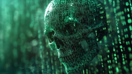A digital skull composed of green data streams and binary code, symbolizing cyber threats and digital age challenges, blending technology with a dark theme.