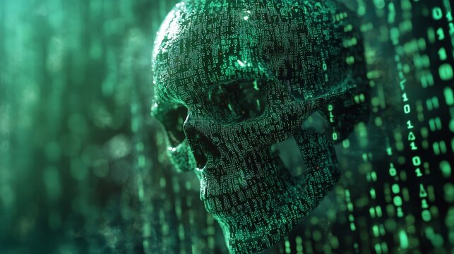 A digital skull composed of green data streams and binary code, symbolizing cyber threats and digital age challenges, blending technology with a dark theme. - Powered by Adobe