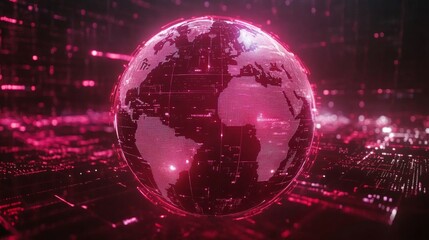 A digital globe displayed in striking red hues, showcasing connectivity and global networks, signifying technological advancement and worldwide communication.