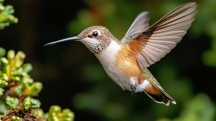 Fototapeta premium A delicate hummingbird in mid-flight with its wings a blur, set against a background of lush green foliage, embodying the beauty and fragility of nature.