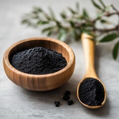 A wooden bowl filled with black shilajit powder, with a bamboo spoon and small pieces of the powder next to it, surrounded by green leaves.
