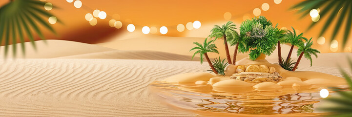 Obraz premium Oasis in Desert Landscape Palm Trees Sand Dunes Golden Hour
