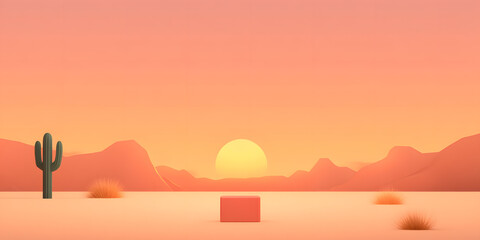 Desert sunset scene with a minimalist cube and cactus.  Perfect for product displays or serene backgrounds.