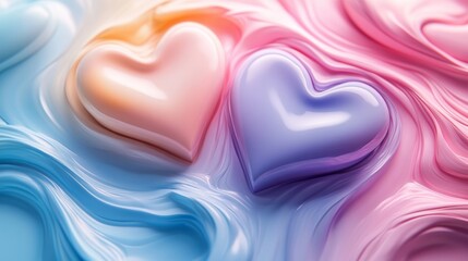 Two colorful hearts, one pastel pink and the other a soft purple, rest atop a swirling abstract pattern, symbolizing love and harmony in vibrant tones.