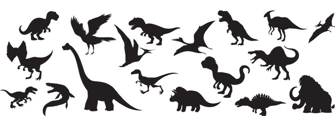 Set of Dinosaurs silhouette, various forms  on white background.