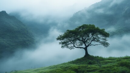 A solitary tree stands gracefully on a lush hilltop surrounded by misty mountains, evoking serenity and a connection with nature's calm and enduring beauty.