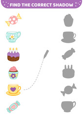Find the correct shadow. Tea party, candy, sweets, cupcake. Shadow matching game. Cartoon, isolated vector illustration eps 10