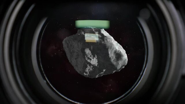 A close up view of a camera lens or telescope photographing an asteroid Apophis approaching Earth. Camera zooms as the meteor comes into focus. Composited.	
