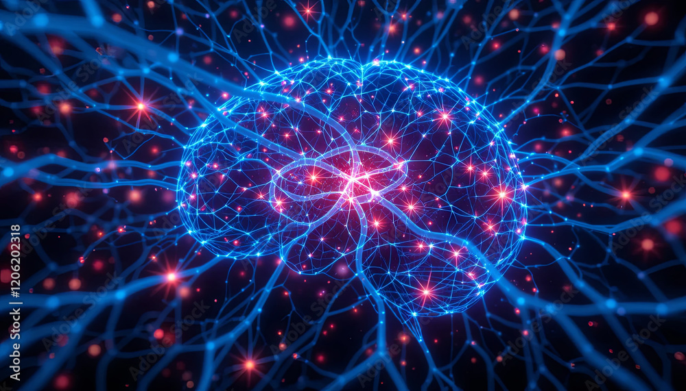 Poster a vibrant visualization highlights the complex network of brain synapses and neural connections. bri