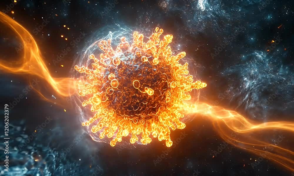 Canvas Prints vibrant depiction of a fiery virus particle illuminated against a cosmic background, showcasing dyna