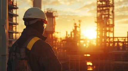 Worker observes refinery sunset