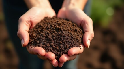 Organic fertilizer granules in a gardener's hand with soil in the background. The bright daylight emphasizes the natural texture and earthy tones.