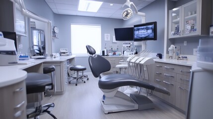 Modern dental office interior, clean examination room, digital x-ray visible