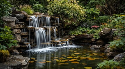 Beautiful waterfall cascading into a serene garden pond
