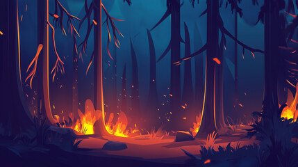 Fototapeta premium Forest fire disaster illustration, trees burning at night, wildfire nature destruction, damaged environment caused by global warming 