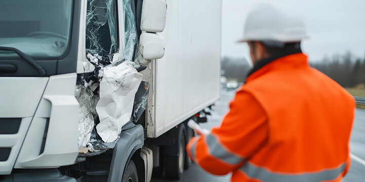 Accident investigation on a highway. A damaged truck and a safety inspector assessing the damage.