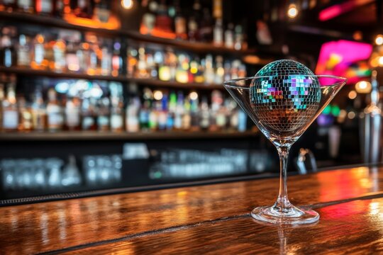 Cocktail party ambiance with a disco ball on a neon-lit background. Retro fashion in a modern style, ideal for party graphic designs like cards, banners, flyers, and menus