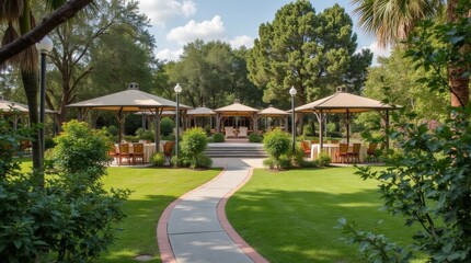 Outdoor venue showcase highlighting a picturesque garden setting with lush greenery