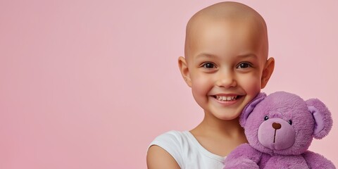 Smiling Bald Young Girl Holding a Purple Teddy Bear on Pink Background with Copy Space – Cancer Awareness and World Cancer Day