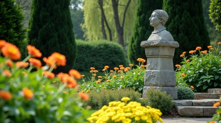 Elegant stone sculpture in a serene garden, with vibrant flowers and greenery. Balanced daylight highlights the details of the sculpture, creating a peaceful atmosphere.