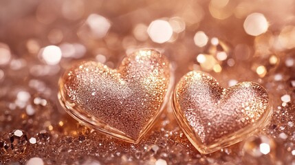 Fototapeta premium Romantic Rose Gold Glitter Hearts Valentine Festive Sparkling Love Elegant Design Romantic Decoration Wedding Anniversary Celebration Shiny Bling Luxury 