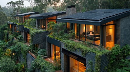 Fototapeta premium Modern eco-friendly homes nestled in a lush green environment, showcasing sustainable architecture.