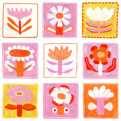 Tile seamless pattern. Floral ornament in folk style. Patchwork print painted with gouache. Handmade.