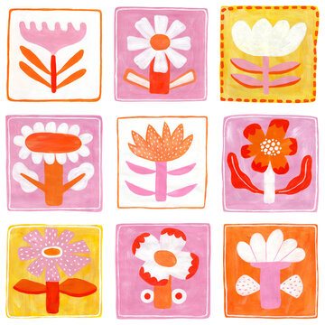 Tile seamless pattern. Floral ornament in folk style. Patchwork print painted with gouache. Handmade.