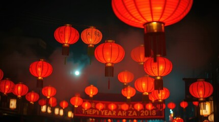 Obraz premium Chinese lanterns at a New Year festival bathed in a soft cinematic haze. Soft focus, hazy background. Happy New Year banner with a dreamy