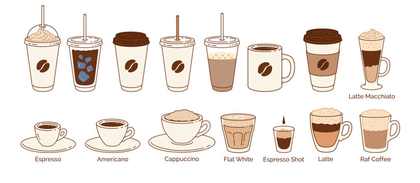 Vector minimalistic color line art illustration set of coffee cups