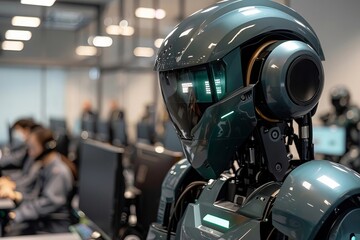 Fototapeta premium Humanoid Robot Conducting Training for Call Center Operator in Office