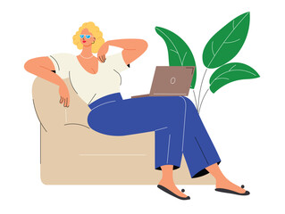 Woman sitting on the sofa with a laptop, surrounded by cozy decor. Remote work and productivity. Flat vector illustration on a white background.