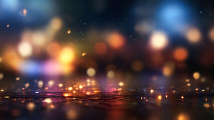 Night city bokeh lights reflecting on wet ground