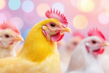 Close-up of a yellow chicken with a colorful blurred background. Concept of poultry, farming, and vibrant nature.