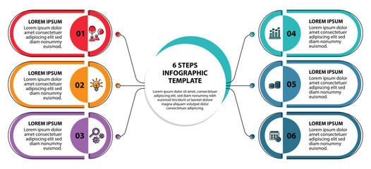 6 steps infographic template with 6 options. Flowchart that can be used for business report, data visualization and presentation. Timeline infographic elements vector illustration.