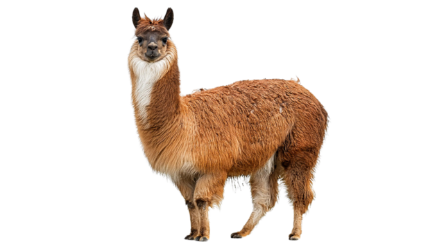 Cute llama standing in full view, isolated on a white background
