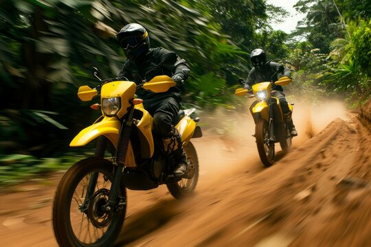 Two motorcyclists riding in dense forest path. Neural network AI generated