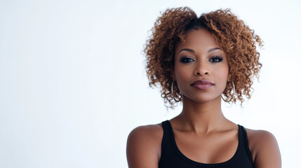 Confident Young Woman with Curly Hair Posing Against a Light Background