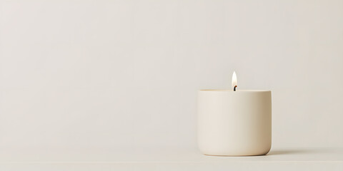 A single, lit candle in a minimalist setting.  The soft light and neutral colors create a serene atmosphere.