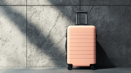 A pastel pink carry-on suitcase stands against a textured gray wall, bathed in sunlight. Ready for your next adventure?