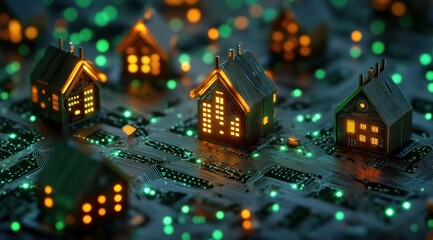 Obraz premium Illuminated houses on circuit board, digital city, glowing background, smart home concept