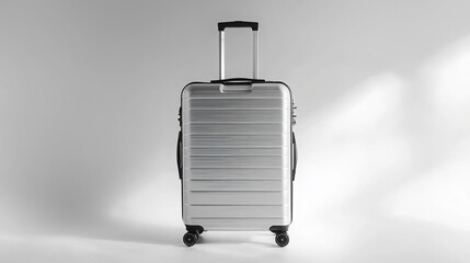 Sleek silver suitcase standing against a minimalist background. Ready for your next adventure!