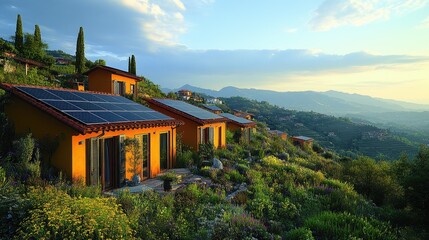 Obraz premium Scenic hillside homes with solar panels surrounded by lush greenery and mountains at sunset.