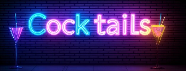 Neon fonts creating cocktails in lettering on a brick background